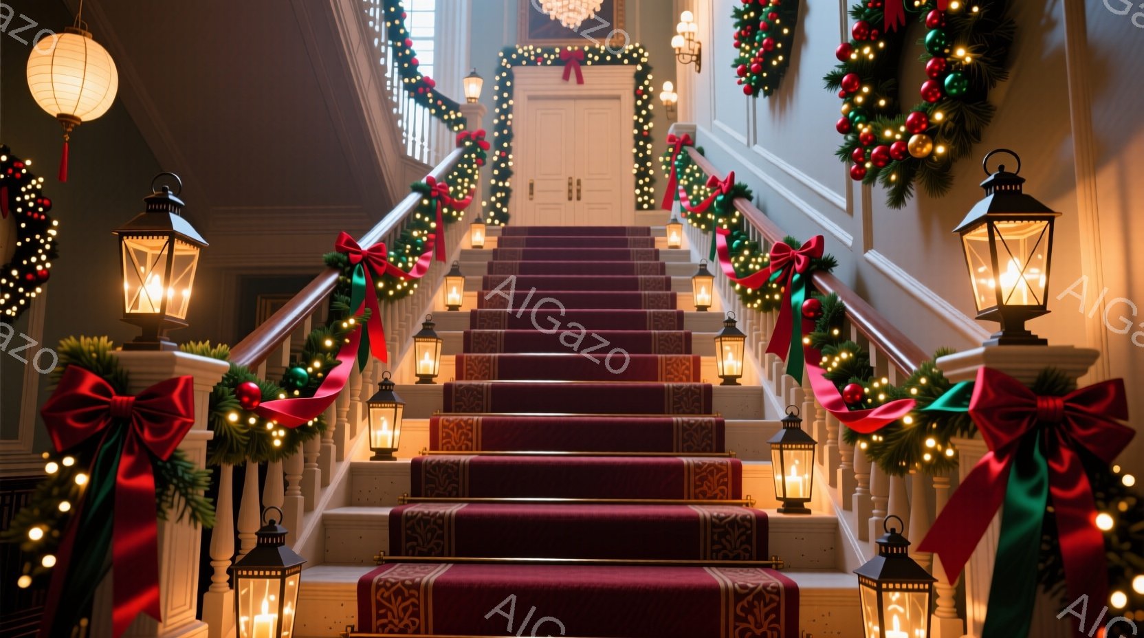 赤い絨毯が敷かれた階段が、クリスマス装飾で華やかに飾られています。階段の手すりには、緑のリースと赤いリボン、そして温かい光を放つランタンが配置され、クリスマスの雰囲気を高めています。背景には、装飾が施 - AI生成フリー素材