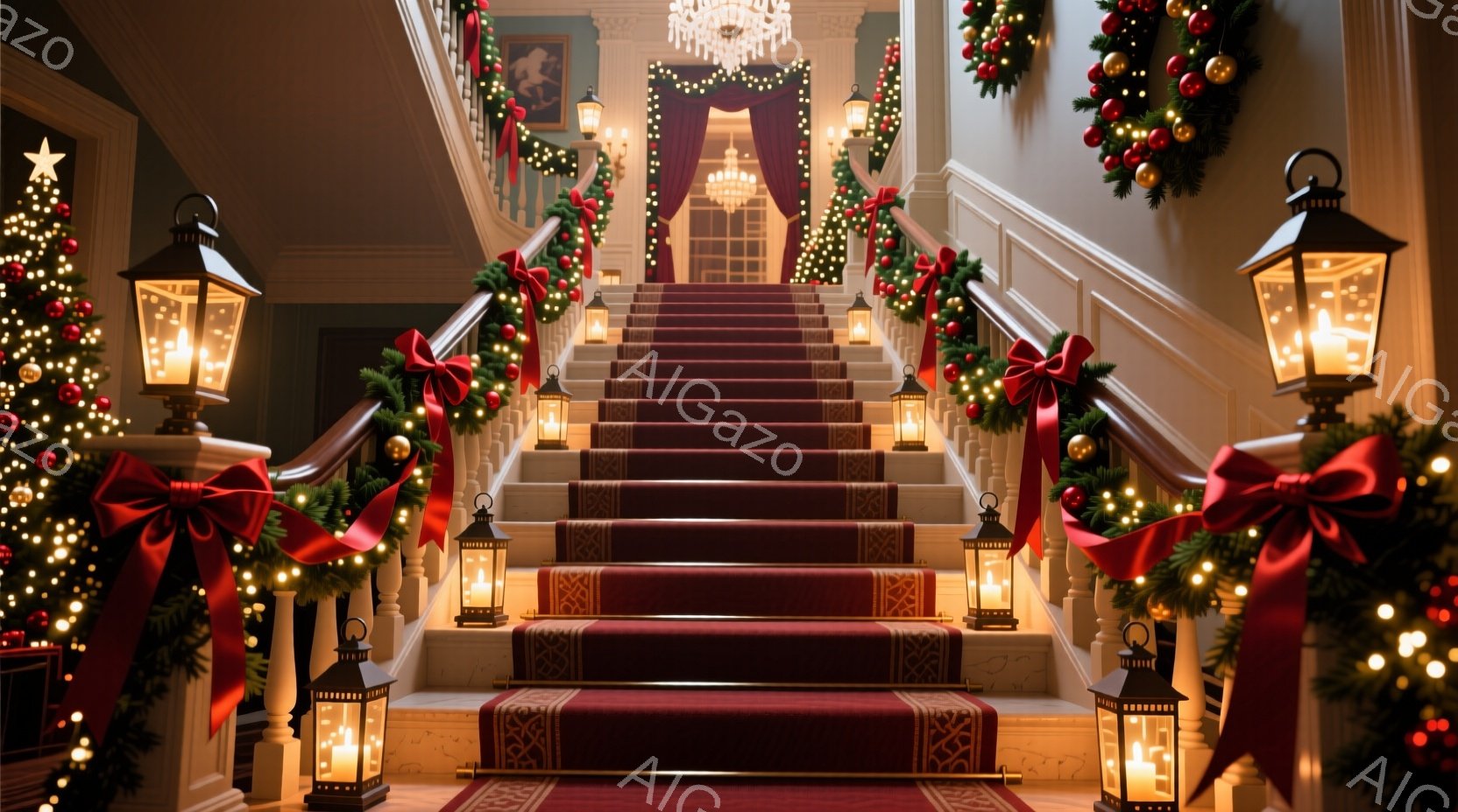 赤い絨毯が敷かれた階段が、クリスマスの飾り付けで華やかに彩られています。階段の両脇には、リボンと装飾が施された提灯が並び、上部にはクリスマスリースが飾られています。豪華な雰囲気で、祝祭の喜びと暖かさを - AI生成フリー素材