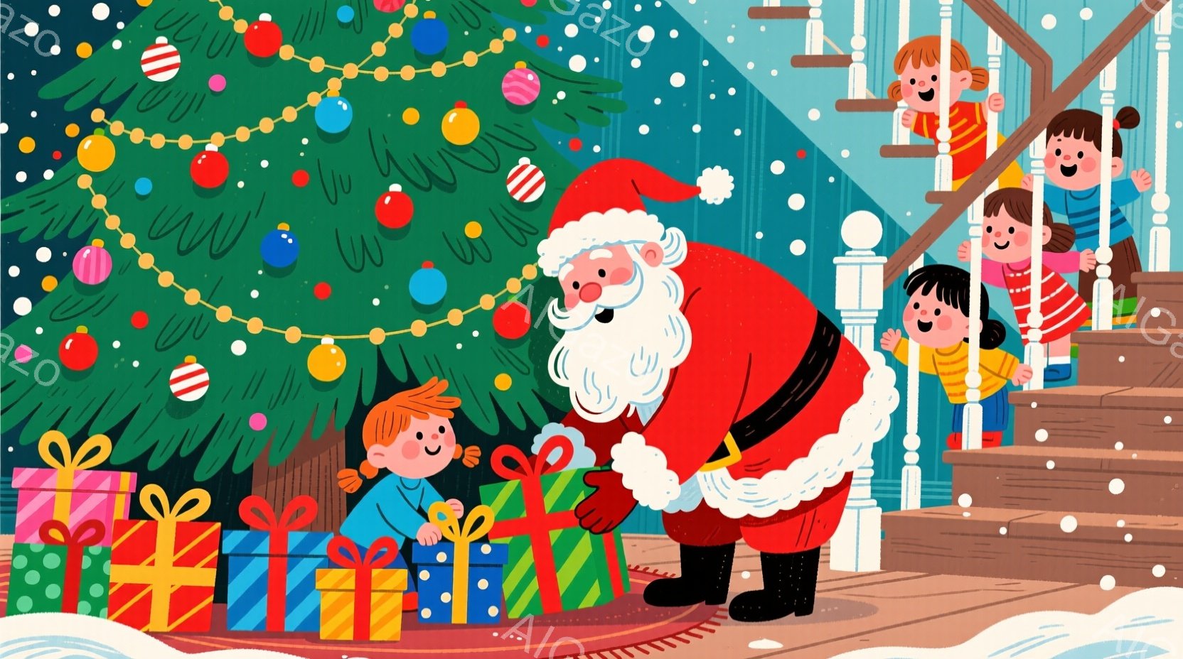 クリスマスツリーの周りにプレゼントの山があり、赤い帽子と服を着たサンタクロースが膝を曲げ、プレゼントを手にしている少年を見つめている。背景には階段があり、数人の子供たちが手をつないで楽しそうに身を乗り - AI生成フリー素材