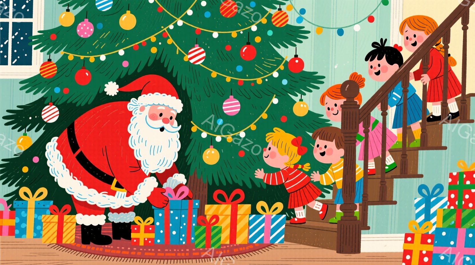 クリスマスツリーの周りにはプレゼントの山があり、サンタクロースがプレゼントを配っています。階段からは、笑顔の女の子たちがサンタクロースを見下ろしており、暖かく幸せな雰囲気が漂っています。背景には窓が見 - AI生成フリー素材