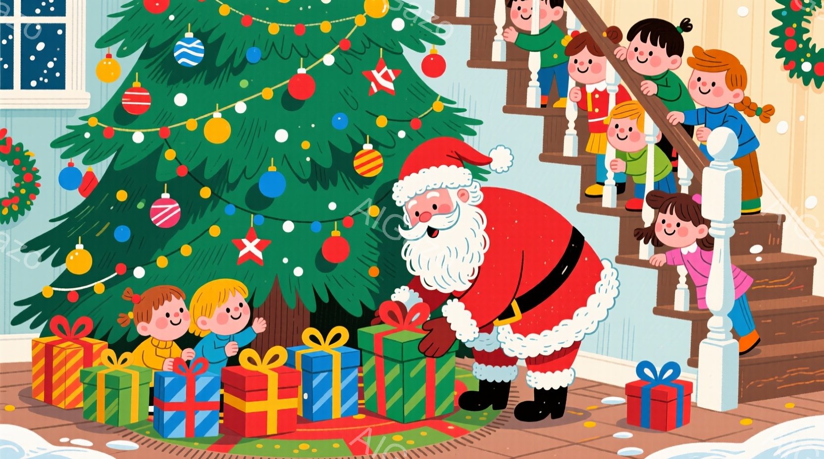 クリスマスツリーの周りには、カラフルなプレゼントが積み上げられ、サンタクロースが膝を曲げてプレゼントを配っています。子供たちは階段から顔を出し、嬉しそうにサンタクロースを見下ろしており、背景には装飾さ - AI生成フリー素材
