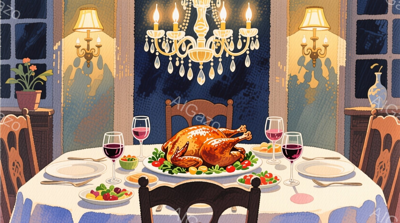 暖炉のある部屋で、テーブルには焼き鳥を中心に、皿とワイングラスが整えられています。壁は暗い青色で、窓の外は夜のようです。全体的に温かく、落ち着いた雰囲気で、特別な日の食事が始まる直前の様子が伺えます。 - AI生成フリー素材