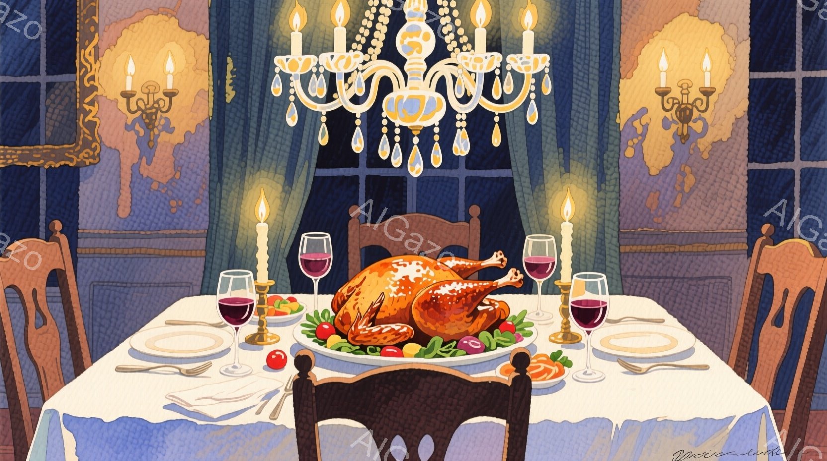 豪華なダイニングテーブルの中央には、ローストチキンが置かれ、周囲にはワイングラスと皿が並んでいる。背景には深い青色のカーテンと、煌びやかなシャンデリアが見られ、落ち着いた暖かく、特別な夜を彷彿とさせる雰囲気である。全体的に暖色系の照明が使用されており、食事の準備が整い、優雅なディナーが始まる直前の様子が表現されている。