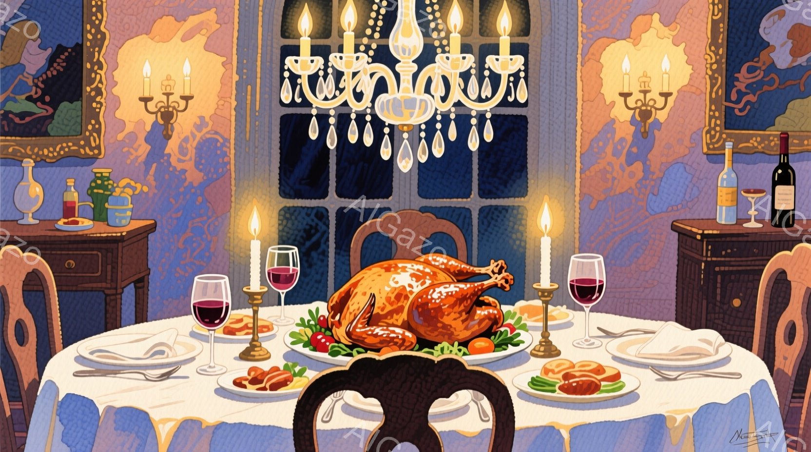 テーブルには、焼き鳥、サイドディッシュ、ワイングラスが並び、豪華な晩餐の準備が整っている。部屋は暖炉の光とシャンデリアの優しい光で照らされ、暗い背景とのコントラストが美しい。全体的に、温かく、静かで、 - AI生成フリー素材