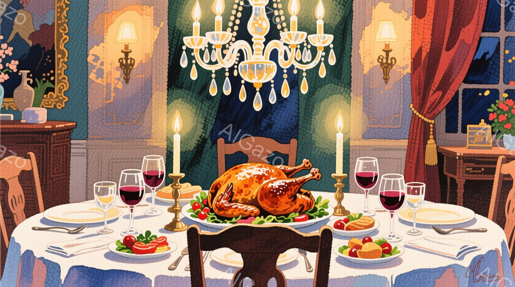 豪華な食卓には、ローストターキーが中央に置かれ、周囲にはワイングラスと料理が並べられています。背景には、重厚なカーテン、シャンデリア、そしてアンティーク調の家具が見られ、暖かく落ち着いた雰囲気を作り出しています。部屋全体は、優雅で贅沢な晩餐の準備が整った、静寂に包まれた空間です。