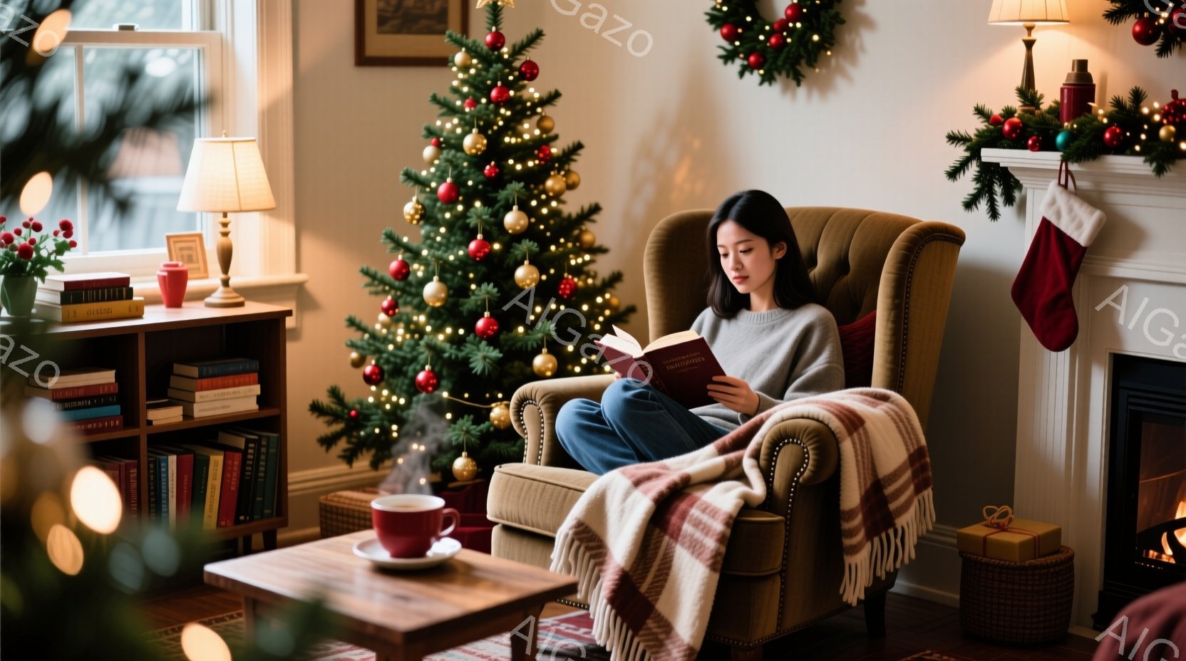部屋にはクリスマスツリーが飾られ、暖炉のそばで女性が椅子に座って本を読んでいます。彼女はセーターとジーンズを着ており、長い黒髪は後ろに流されています。全体的に、暖かい光の中で静かで穏やかな冬の雰囲気が - AI生成フリー素材