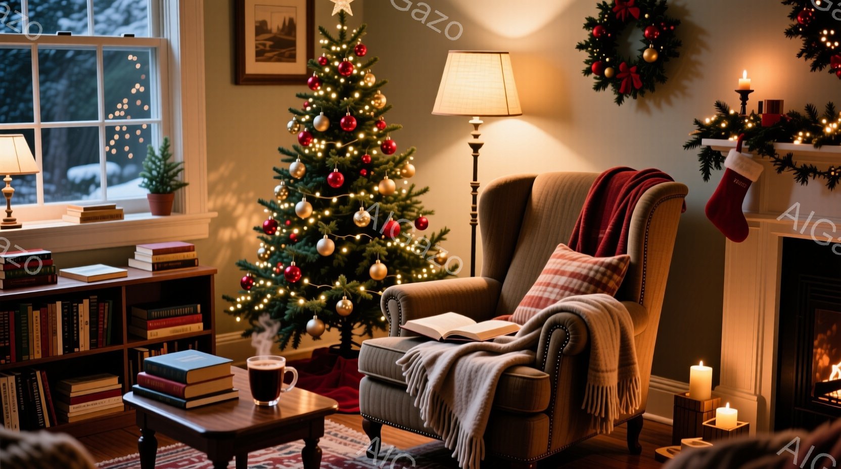 暖炉のそばに置かれたアームチェアには、チェック柄のブランケットと読みかけの本が置かれ、リラックスした雰囲気を醸し出しています。クリスマスツリーが輝き、背景には積雪の見える窓があり、穏やかで温かい冬の光 - AI生成フリー素材