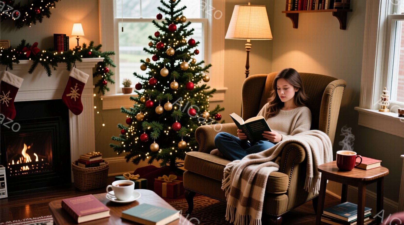 暖炉とクリスマスツリーが飾られた居間に、女性がアームチェアに座って本を読んでいます。ベージュのセーターとカジュアルなヘアスタイルで、リラックスした表情を浮かべており、膝にはチェック柄の毛布がかけられて - AI生成フリー素材