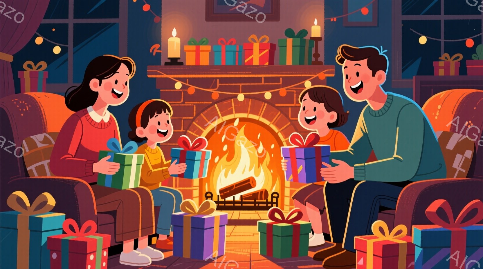 暖炉の前でプレゼントを囲む家族が描かれています。母親は赤いセーターを着ており、長い茶色の髪をしています。子供たちはそれぞれ青とピンクのセーターを着ており、笑顔でプレゼントを受け取っています。 - AI生成フリー素材