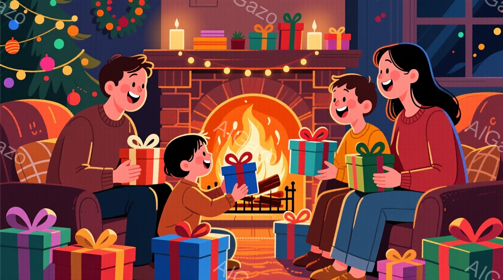 暖炉の前で家族がプレゼント交換をしている様子が描かれています。母親は赤いセーターを着て、嬉しそうな笑顔を浮かべ、プレゼントを受け取っています。父親と息子も同じように笑顔でプレゼントを交換しており、背景 - AI生成フリー素材