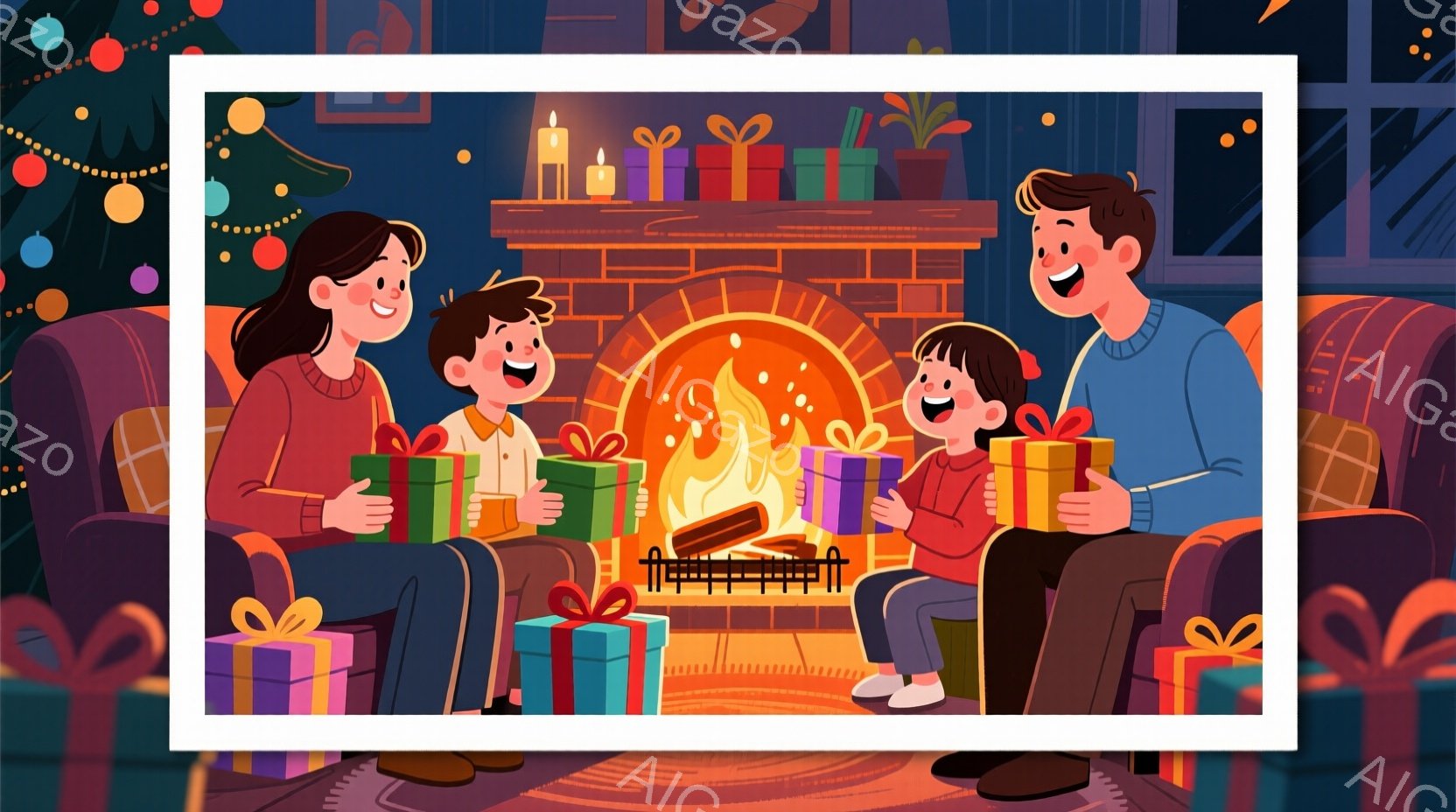 暖炉の前でプレゼントを囲んで座っている家族が描かれています。母親は長い茶色の髪で、緑色のセーターを着ています。父親と二人の子供たちはそれぞれ赤いセーターを着ており、皆笑顔でプレゼントを開けるのを楽しみ - AI生成フリー素材