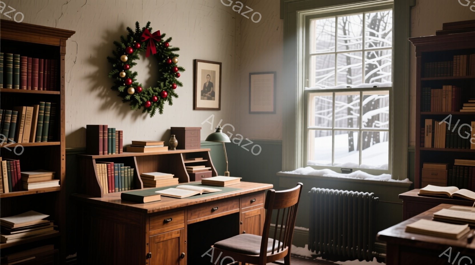 温かみのある木製の机と本棚が並ぶ部屋で、窓の外には雪景色が広がっています。クリスマスのリースが壁に飾られ、静かで落ち着いた冬の雰囲気を醸し出しています。古風な雰囲気のランプや、整然と並んだ本が、この空 - AI生成フリー素材