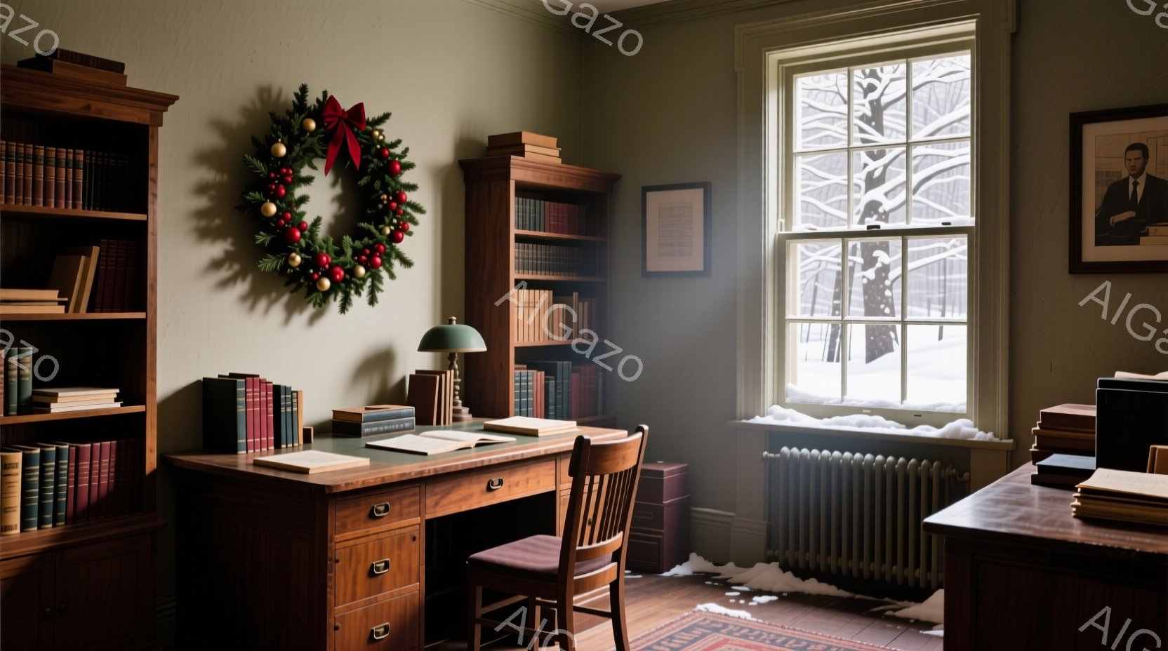 埃を被った書斎には、深い緑色の本棚と大きな木製の机が置かれている。窓の外は雪景色で、白い雪が積もり、冬の静寂が漂っている。クリスマスリースが飾られた書斎は、暖炉がないながらも、落ち着いた雰囲気で、読書や研究に最適な空間を示唆している。