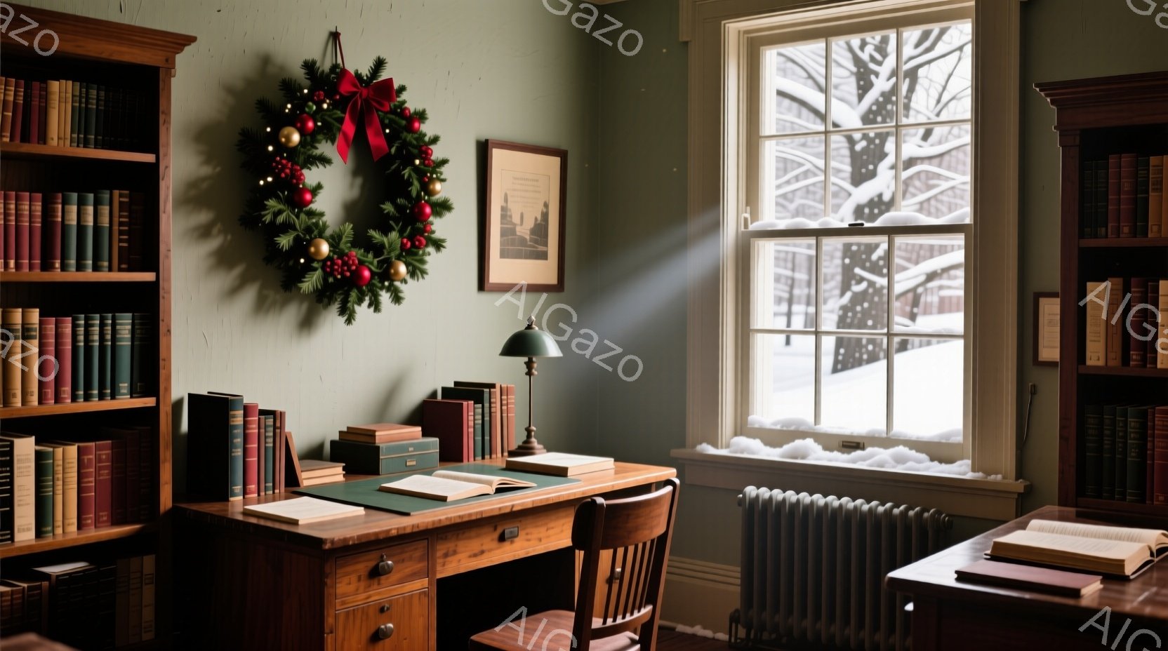 濃い緑色の壁に、アンティーク調の木製机が置かれた書斎です。窓の外は雪景色で、暖房器具が雪景色に暖かさを添えています。机の上には本が積み重ねられ、クリスマスのリースが飾られており、静かで落ち着いた冬の雰囲気が漂っています。