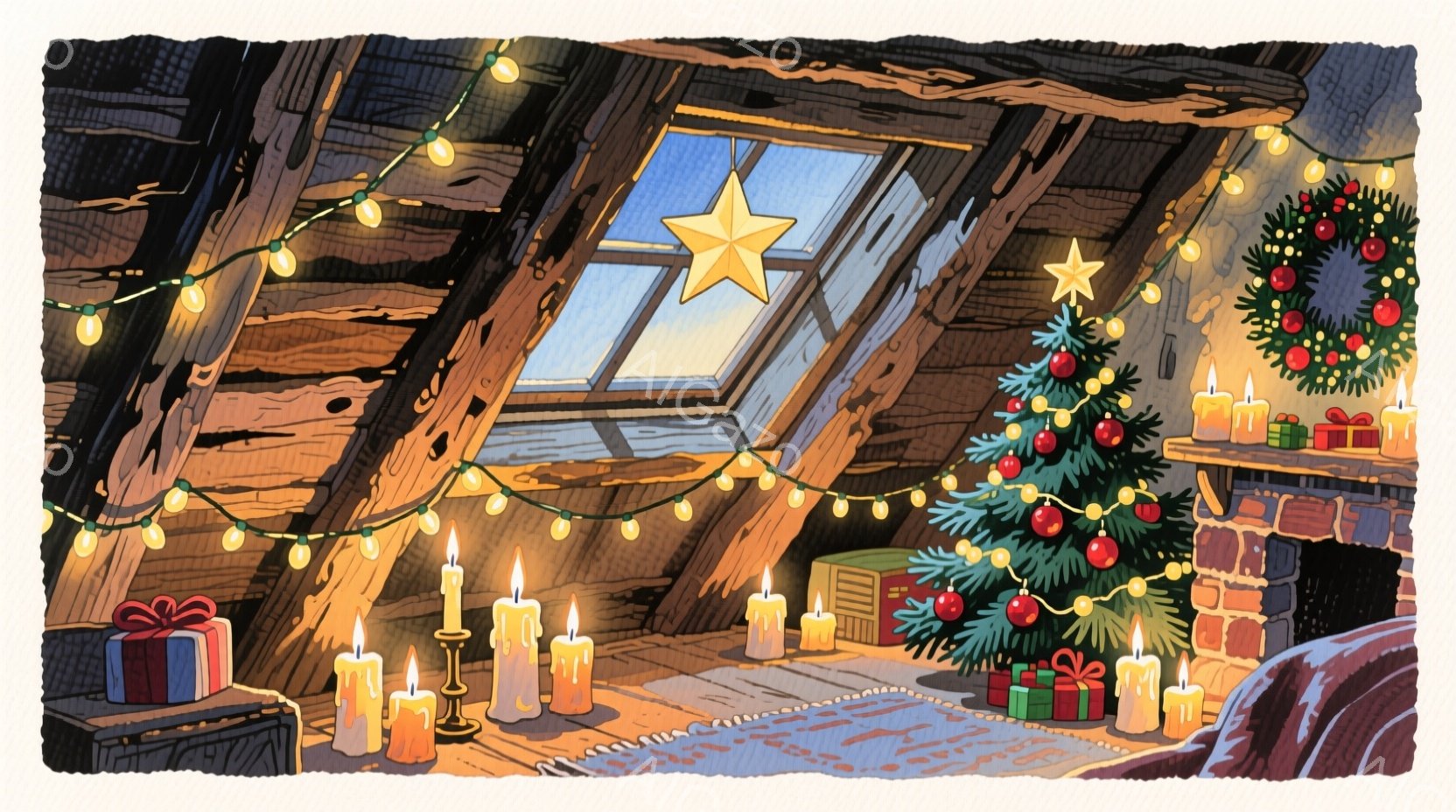 屋根裏部屋のような空間に、クリスマスツリーが飾られています。窓からは夕暮れ時の空が見え、暖かい光がキャンドルや電飾によって部屋全体を照らしています。プレゼントボックスや暖炉があり、クリスマスの静かで温 - AI生成フリー素材