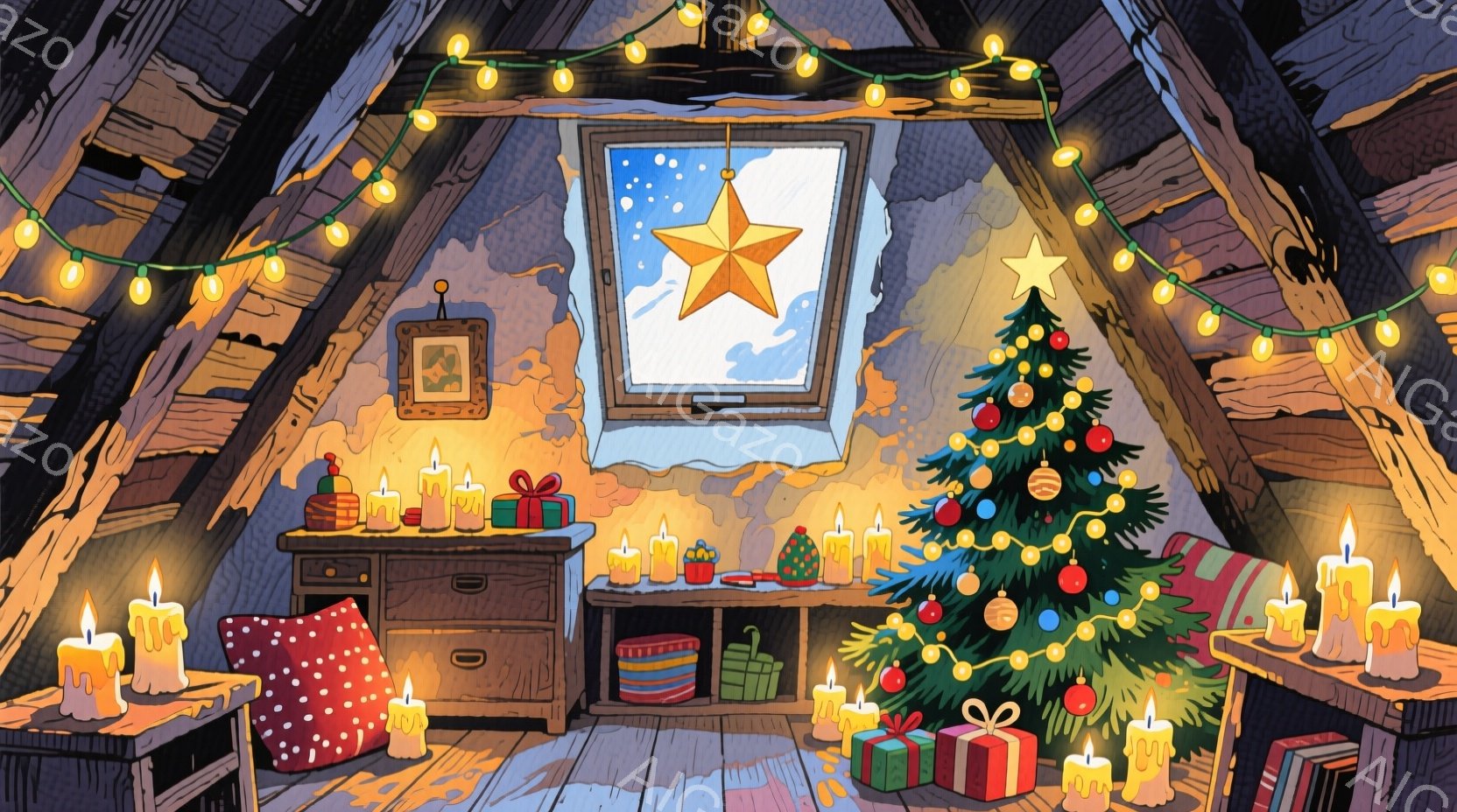 暖炉の屋根裏部屋のような空間で、クリスマスツリーが飾られています。窓からは雪が降る夜空が見え、ツリーの周りや家具の上にはたくさんのキャンドルが灯されており、温かく幻想的な雰囲気を醸し出しています。プレ - AI生成フリー素材