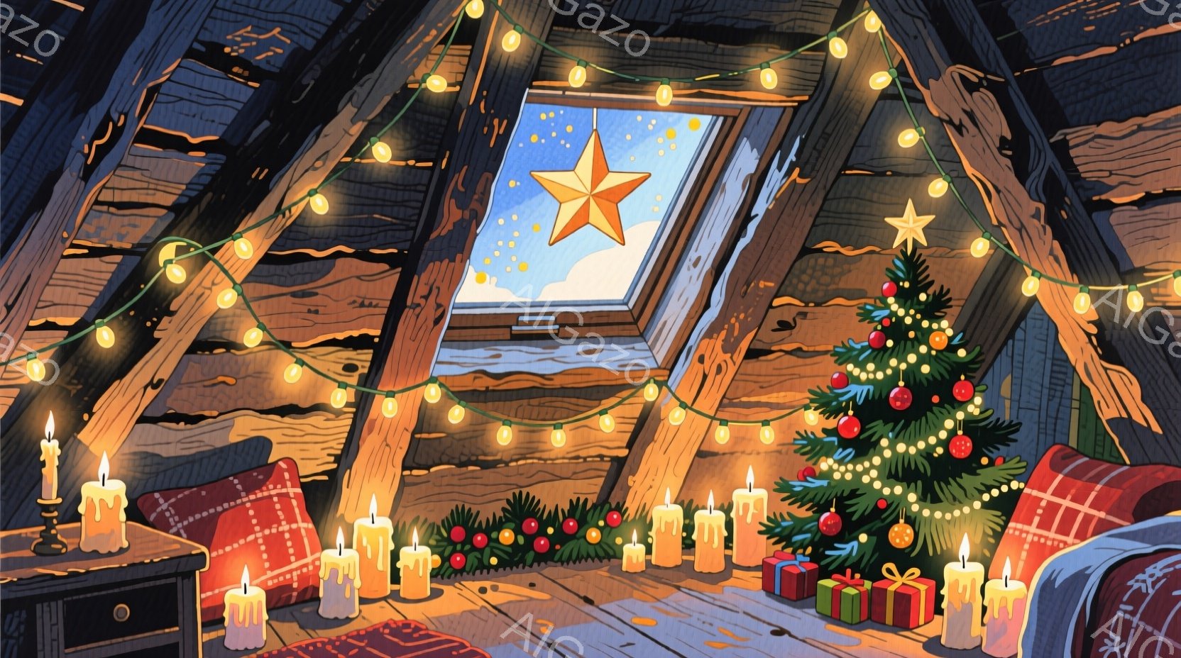 屋根裏部屋のような空間に、クリスマスツリーとたくさんのキャンドルが暖かく灯っています。窓からは星が輝く夜空が見え、クリスマスの飾り付けが部屋全体を包み込み、温かく穏やかな雰囲気を醸し出しています。赤い - AI生成フリー素材