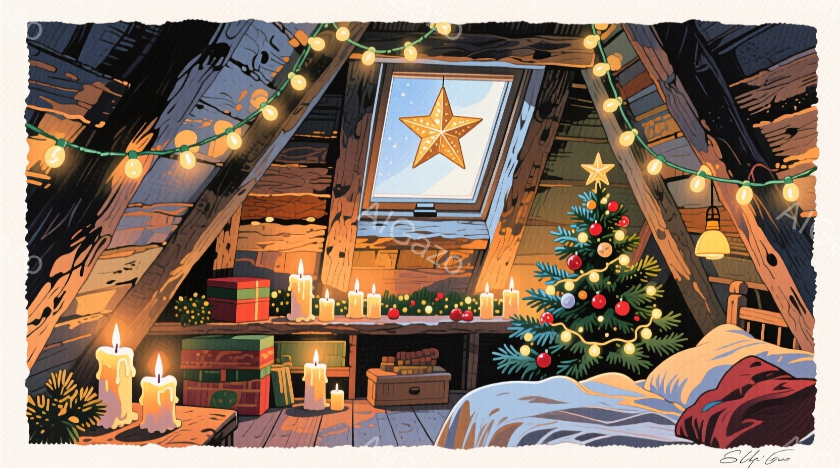 屋根裏部屋のような空間に、クリスマスツリーとプレゼント、たくさんのキャンドルが並び、温かい光が灯っています。天井には星型のライトが飾られた窓があり、クリスマスの雰囲気を高めています。全体的に暖色系の照 - AI生成フリー素材