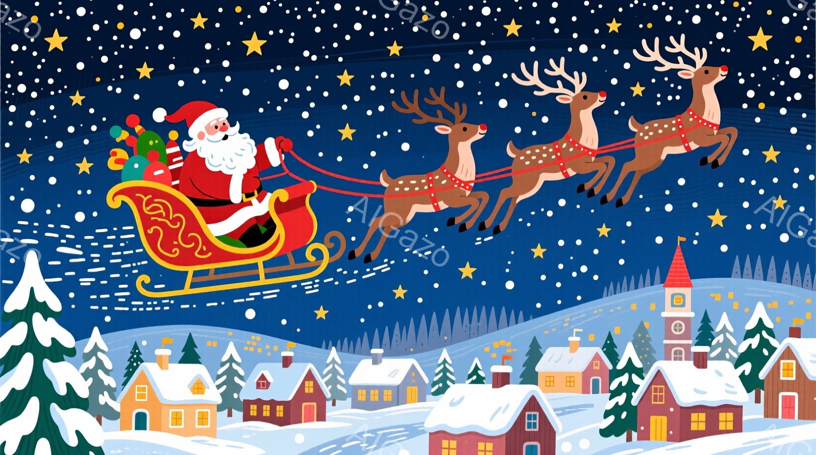 夜空をサンタクロースがソリに乗って飛んでいる様子が描かれています。サンタクロースは赤い服と帽子を身につけ、白いひげを蓄え、楽しそうな表情をしています。背景には雪に覆われた家々が並び、遠くには教会のよう - AI生成フリー素材