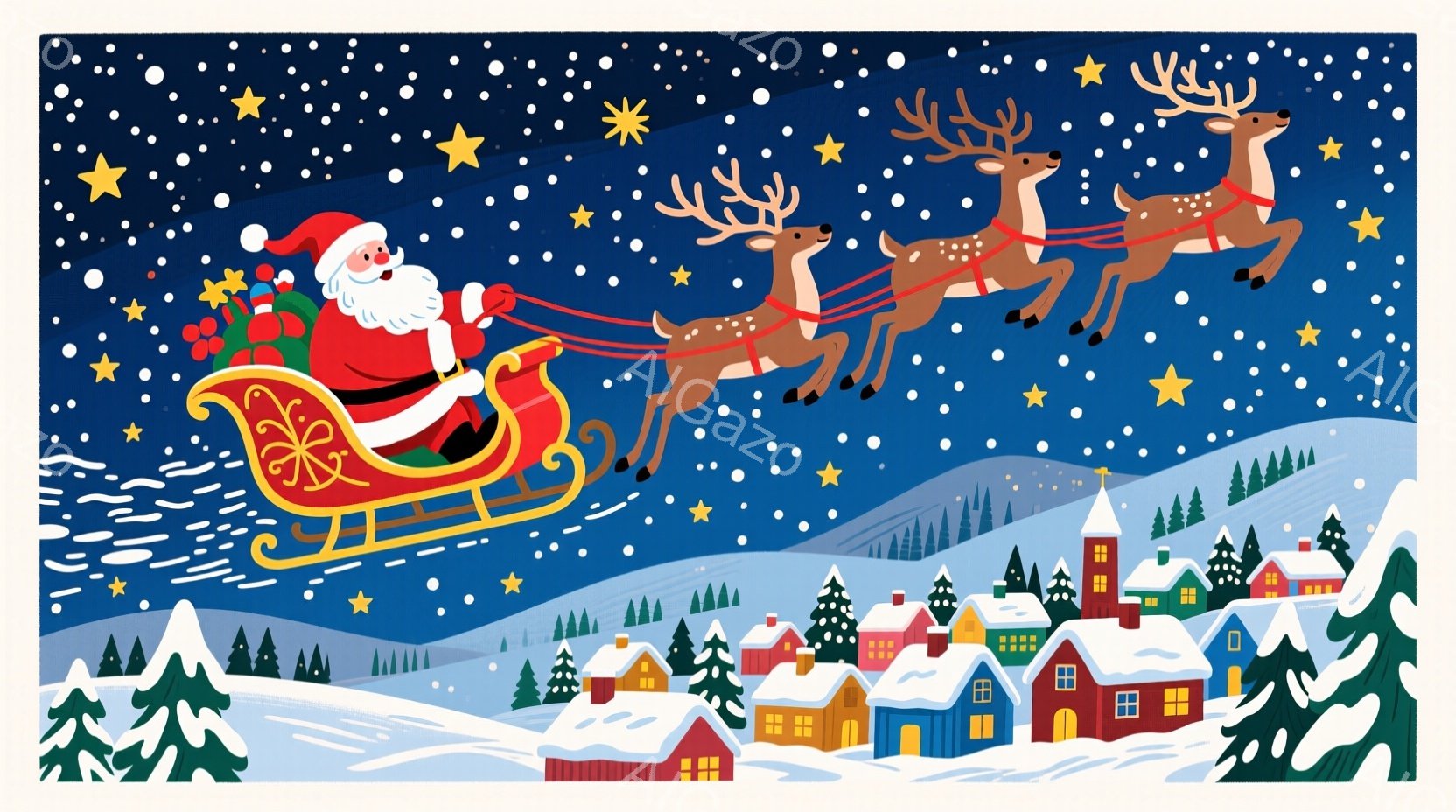 サンタクロースはそりに乗り、プレゼントの詰まった大きな袋を背負い、夜空を飛んでいます。背景には、雪に覆われた可愛らしい家々が並び、遠くには雪山が連なっています。星が輝く夜空と雪景色が、暖かく幻想的なク - AI生成フリー素材