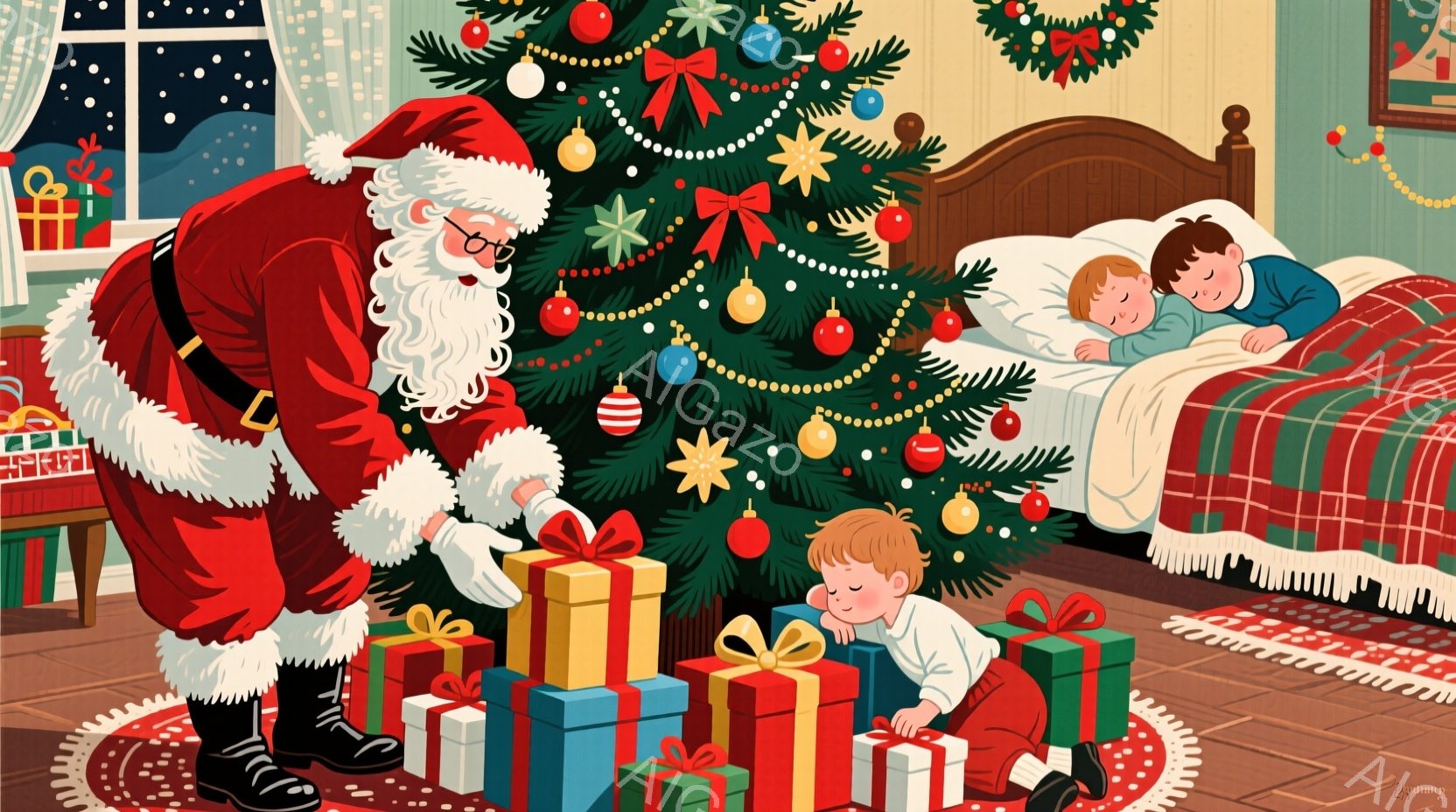 クリスマスツリーの周りにプレゼントが積み上げられ、サンタクロースが膝をついてプレゼントにリボンを結んでいます。二人の少年がプレゼントを覗き見ようとしており、背景には赤いチェック柄のベッドと雪が降る夜の - AI生成フリー素材