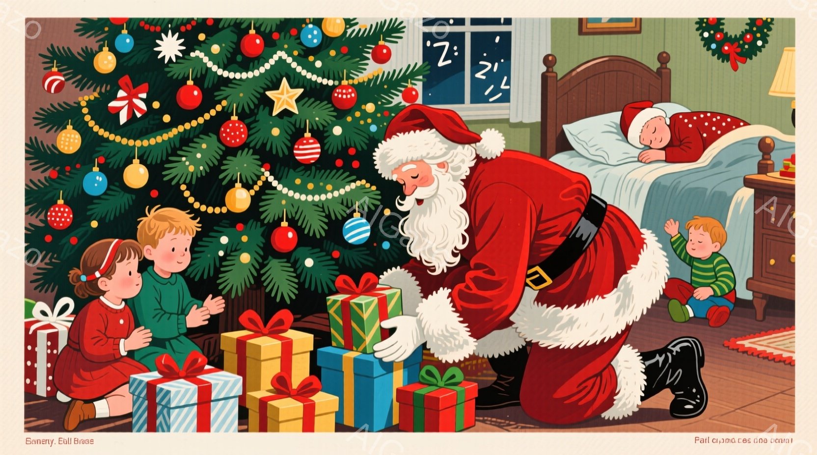 クリスマスツリーの周りには色とりどりのプレゼントが積み重ねられ、サンタクロースがプレゼントを置こうと身をかがめています。子供たちは赤いパジャマを着て、興奮した様子でプレゼントを見つめており、背景には暖 - AI生成フリー素材