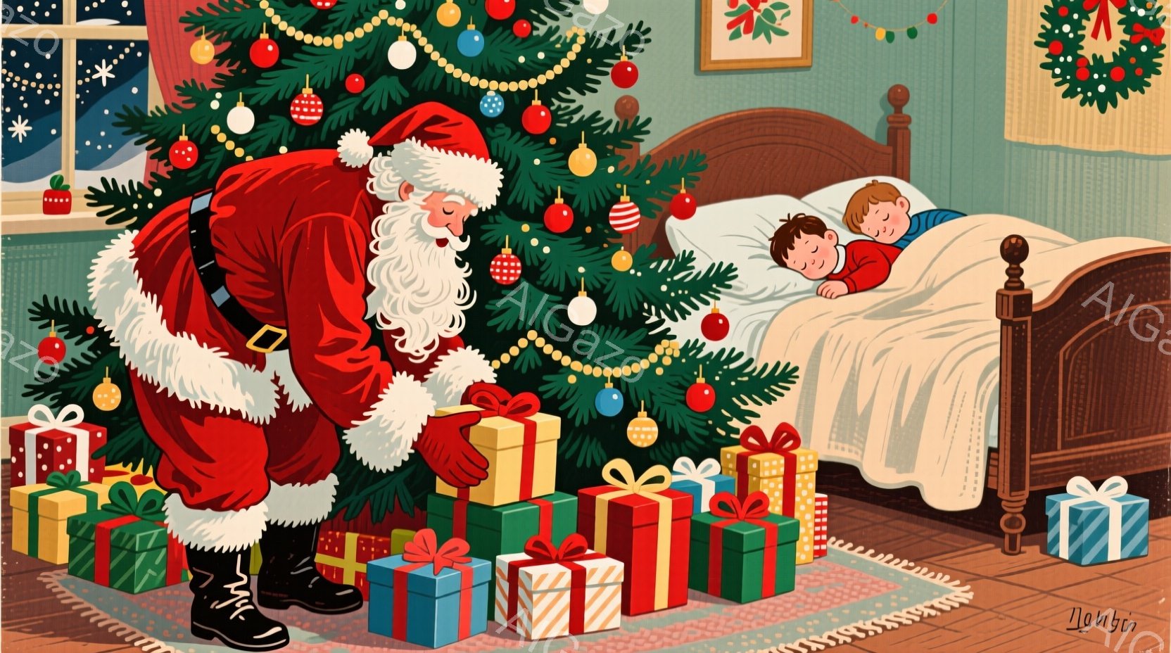 クリスマスツリーの周りにプレゼントを置くサンタクロースが描かれています。彼は赤いスーツと帽子を着用し、白いひげと優しい表情をしています。背景には寝ている子供と、きらびやかな飾り付けがされたクリスマスツリーがあり、温かく穏やかなクリスマスの夜の雰囲気を醸し出しています。