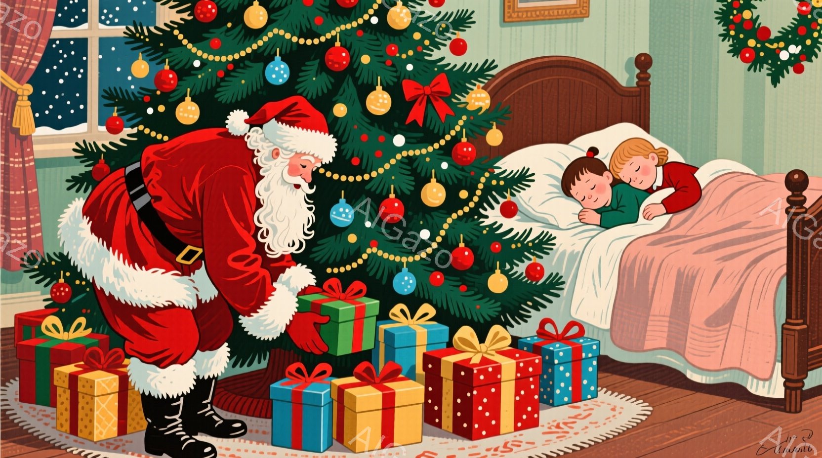 暖炉のある部屋で、クリスマスツリーの周りにプレゼントの山がある様子が描かれています。サンタクロースは赤い衣装を着て、膝をついてプレゼントを並べ、優しい表情をしています。奥には、ピンク色の毛布にくるまっ - AI生成フリー素材