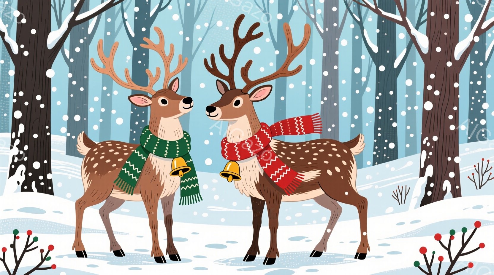 ２頭のトナカイが雪景色の中で寄り添っています。片方のトナカイは緑色のストールと鈴をつけ、もう片方のトナカイは赤色のストールと鈴を巻いています。背景には雪で覆われた木々が立ち並び、雪が舞い散る冬の静かな - AI生成フリー素材