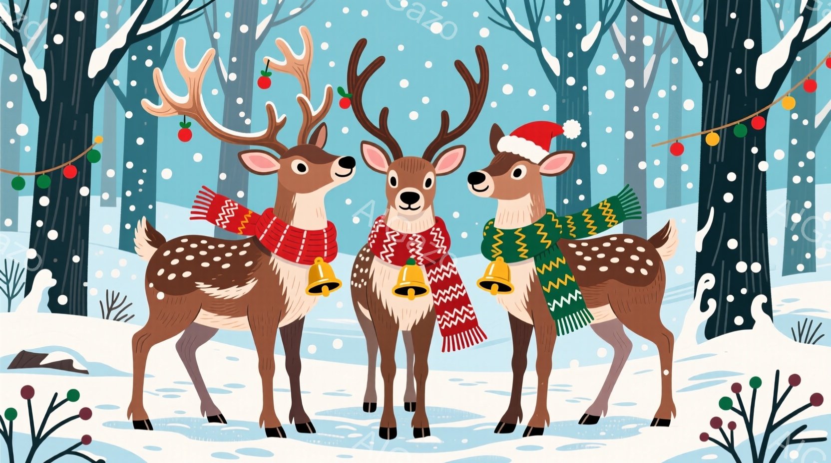 雪景色の中に3匹のトナカイが並んでいます。それぞれ赤い縞模様の首巻と、小さな金の鈴を首から下げています。背景には雪に覆われた木々と、カラフルなオーナメントが飾られた糸が張られています。 - AI生成フリー素材