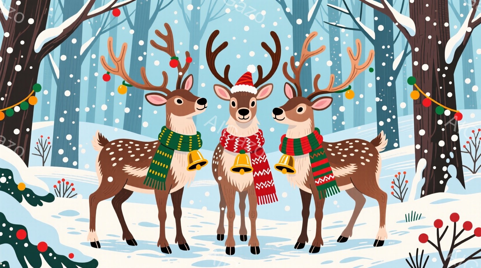 クリスマスの飾りを身につけた3頭のシカが描かれています。中央のシカはサンタ帽をかぶり、首にはベルが付いた赤い緑のストライプの襟巻を巻いています。背景は雪景色で、雪片が舞い散り、クリスマスオーナメントで - AI生成フリー素材