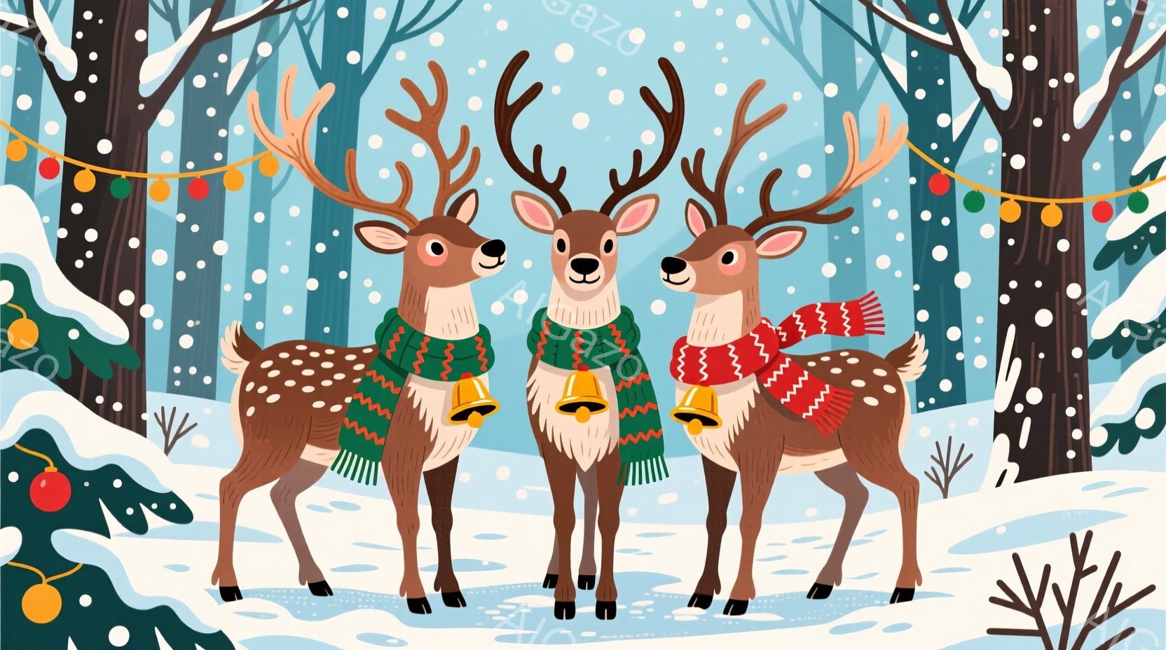 クリスマスの装飾が施された雪景色の中で、3匹のシカが並んで立っています。シカたちはそれぞれ緑色のマフラーと赤いストライプ、金色のベルを身につけ、穏やかで幸せそうな表情をしています。背景には、雪で覆われ - AI生成フリー素材