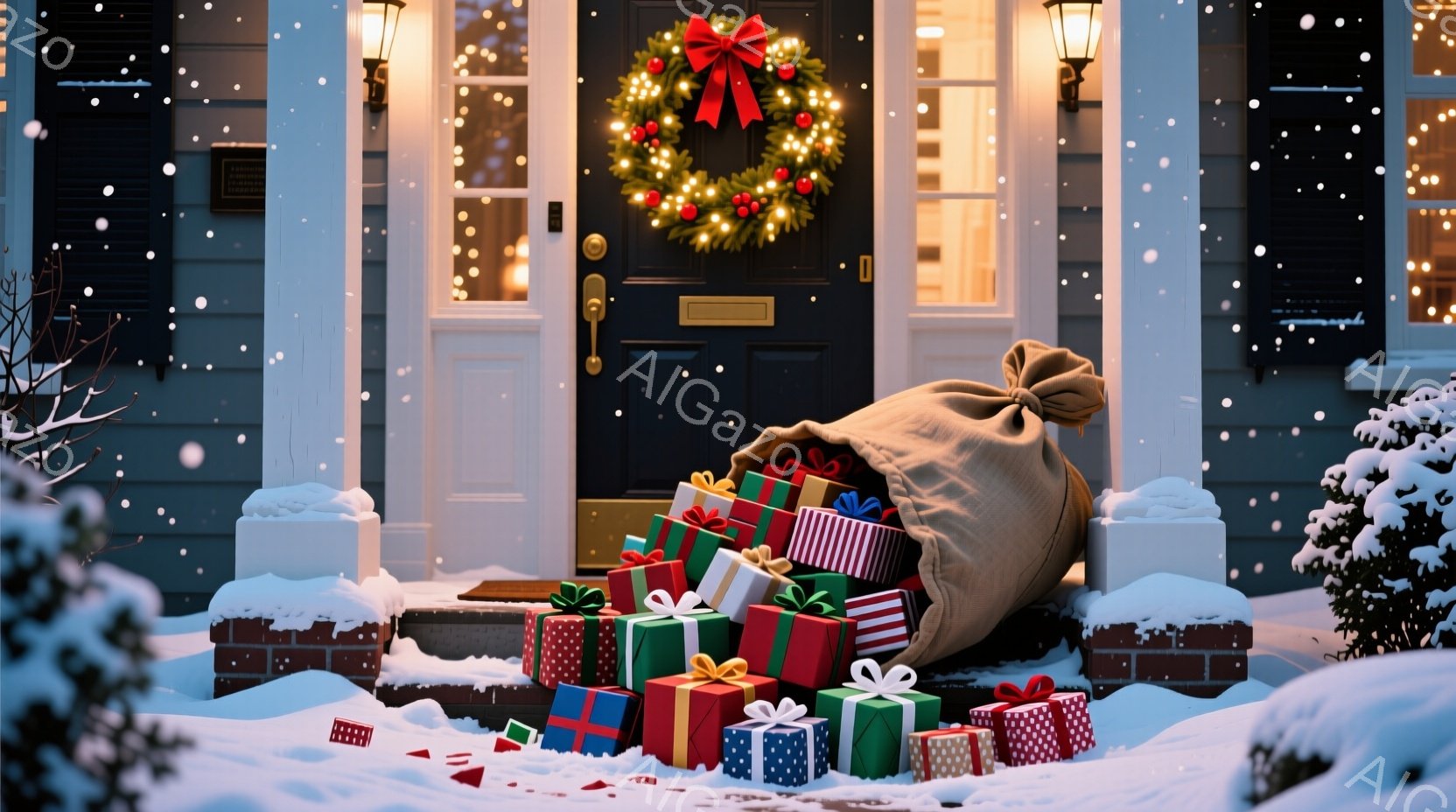 玄関の前に、たくさんのカラフルなプレゼントが散らばっており、キャンバス地の大きな袋が傾いています。背景には雪が降る夜、装飾された玄関ドアと、キラキラと輝くクリスマスライトが添えられています。全体的に、暖かく、お祝いムード満点のクリスマスの雰囲気が漂っています。