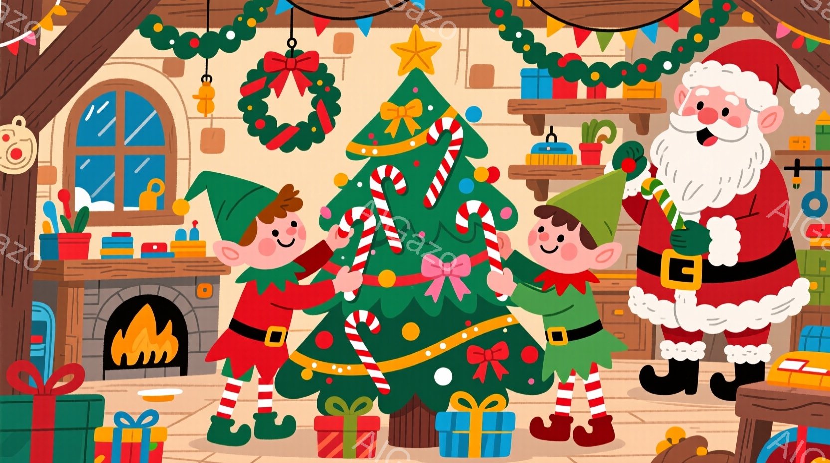 クリスマスツリーの周りで2人のエルフが飾り付けを楽しんでいます。彼らは緑の服と帽子を被り、縞模様の靴下を履いており、笑顔でツリーにリボンを結んだり、オーナメントを飾ったりしています。背景には暖炉、プレ - AI生成フリー素材