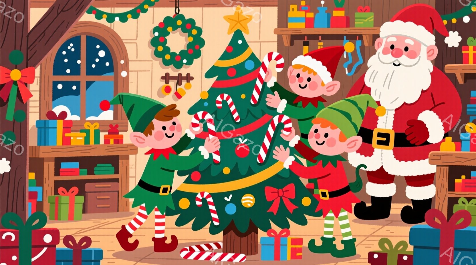 クリスマスツリーの周りにエルフたちが飾り付けをしている様子が描かれています。エルフたちは緑色の衣装に赤い帽子と靴を履き、嬉しそうな表情でオーナメントを飾り付けています。背景にはプレゼントがたくさん積み - AI生成フリー素材