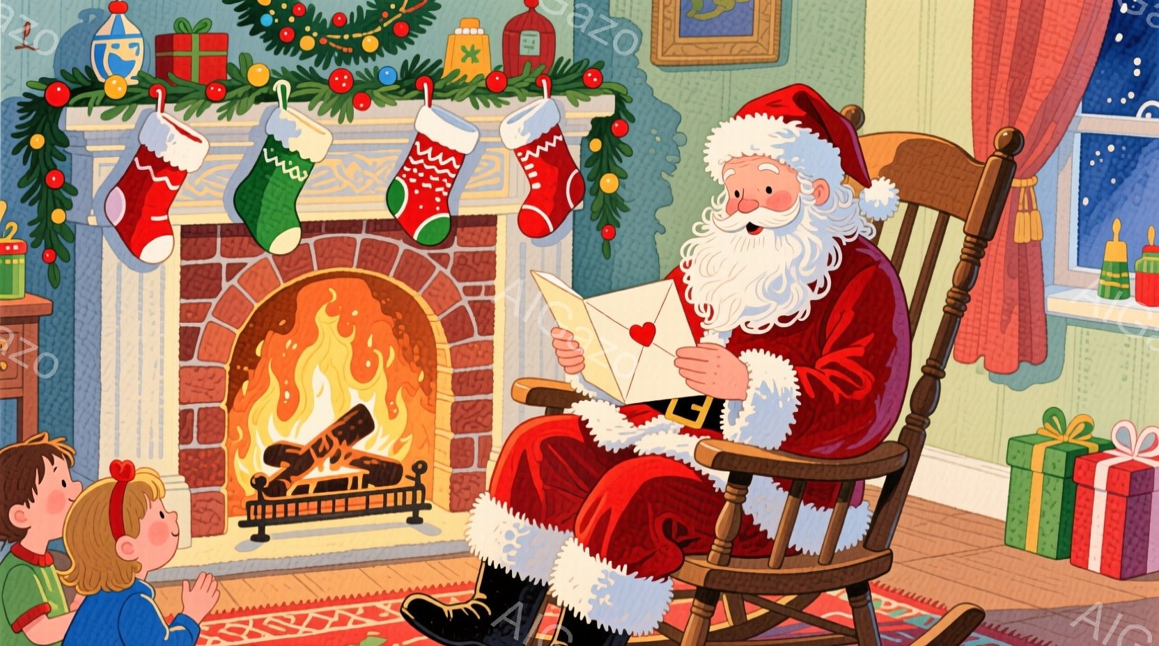 暖炉の前でロッキングチェアに座ったサンタクロースが手紙を読んでいます。彼は赤いスーツと帽子を身につけ、白いひげと笑顔で、優しい雰囲気を醸し出しています。暖炉にはカラフルなクリスマスストッキングが飾られ - AI生成フリー素材