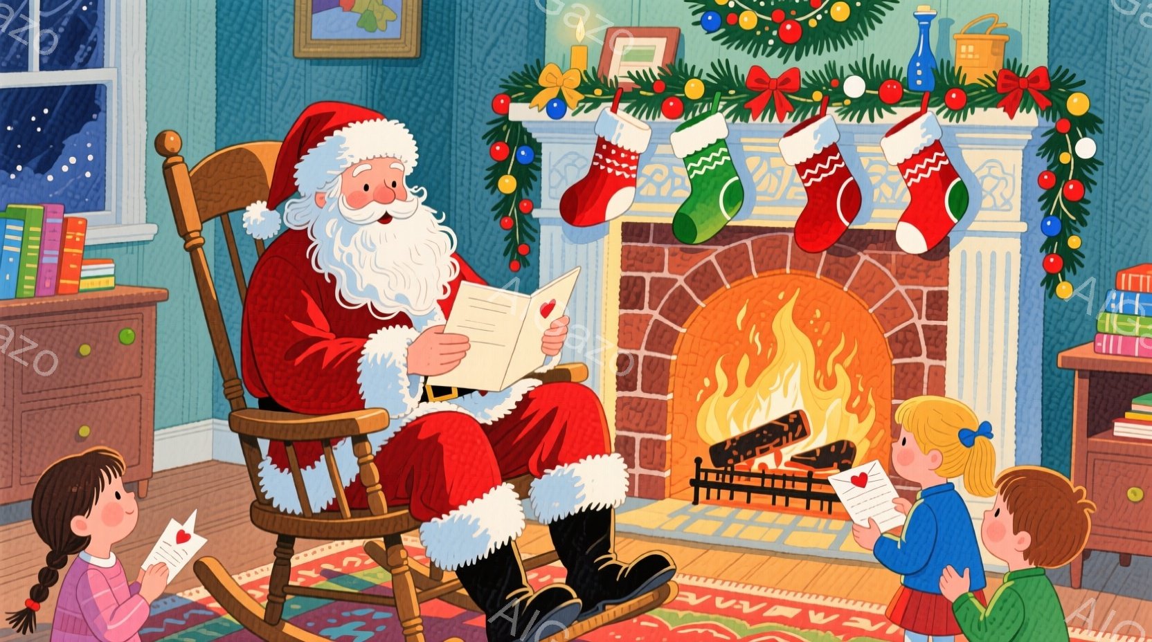 サンタクロースはロッキングチェアに座り、手には手紙を持っています。彼は赤い衣装と白い髭を生やし、優しい表情を浮かべています。背景には暖炉があり、クリスマスソックスが飾られ、子供たちが手紙を手に笑顔でサ - AI生成フリー素材