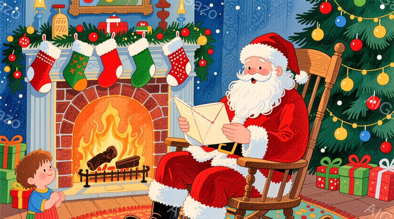 暖炉の前でサンタクロースがロッキングチェアに座り、手紙を読んでいます。彼は赤い衣装を着て、白いひげと髪を持っています。背景にはクリスマスツリーがあり、プレゼントが置かれ、暖炉の上にはクリスマスストッキ - AI生成フリー素材