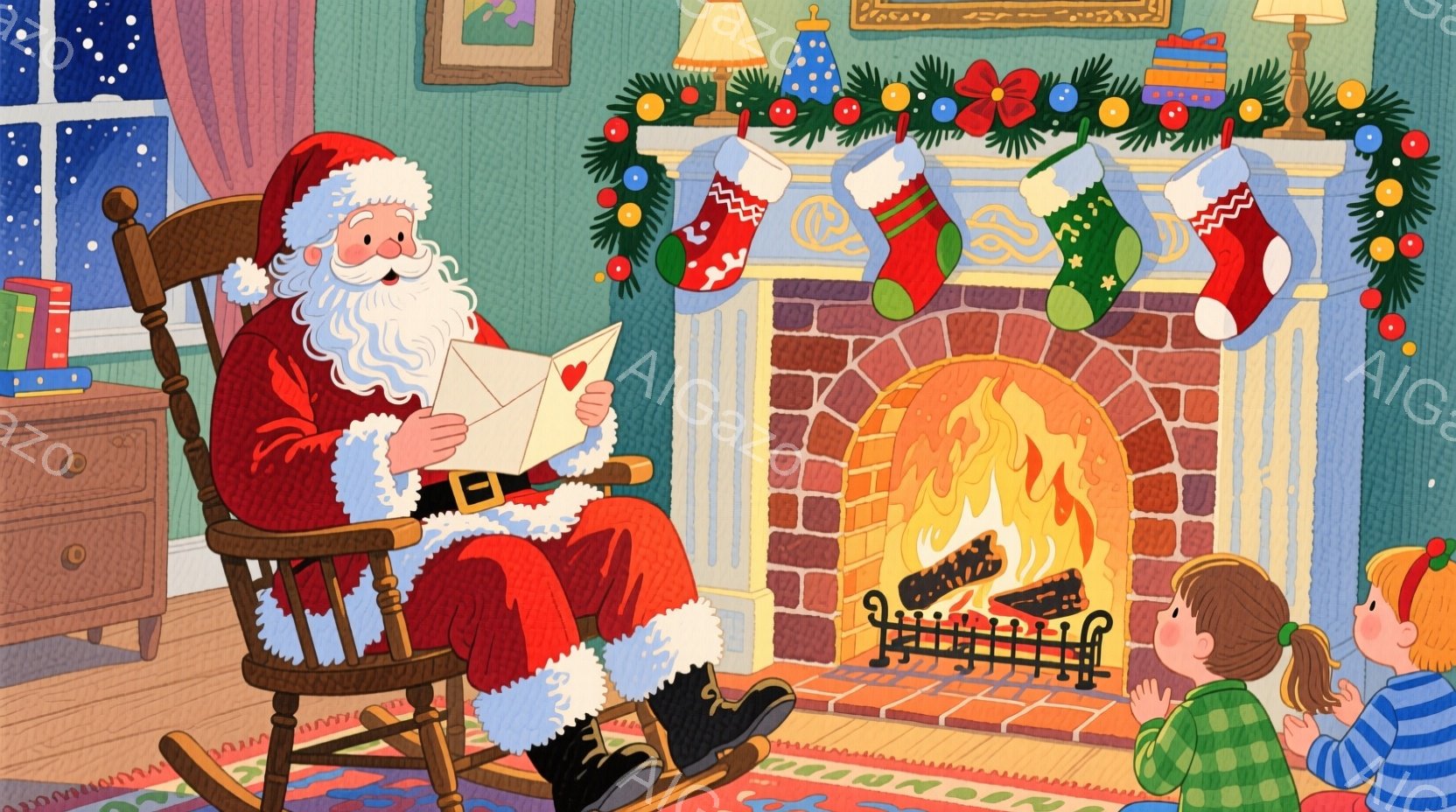 暖炉の前でロッキングチェアに座るサンタクロースが、手紙を読んでいます。彼は赤いスーツと白いひげ、帽子を着ており、顔には優しい笑顔が浮かんでいます。背景には、クリスマスソックスが飾られた暖炉と、膝を抱え - AI生成フリー素材