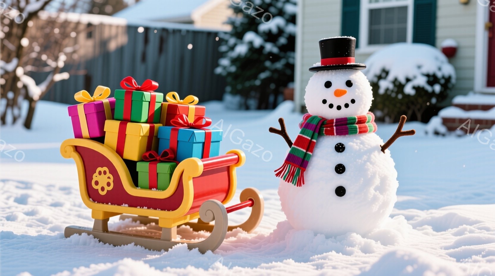 雪景色の中に、プレゼントを積んだソリと雪だるumaが描かれています。雪だるumaはシルクハットとストライプのストールを身につけ、にっこりと微笑んでいます。背景には住宅が見え、穏やかで楽しいクリスマスの雰囲気が漂っています。