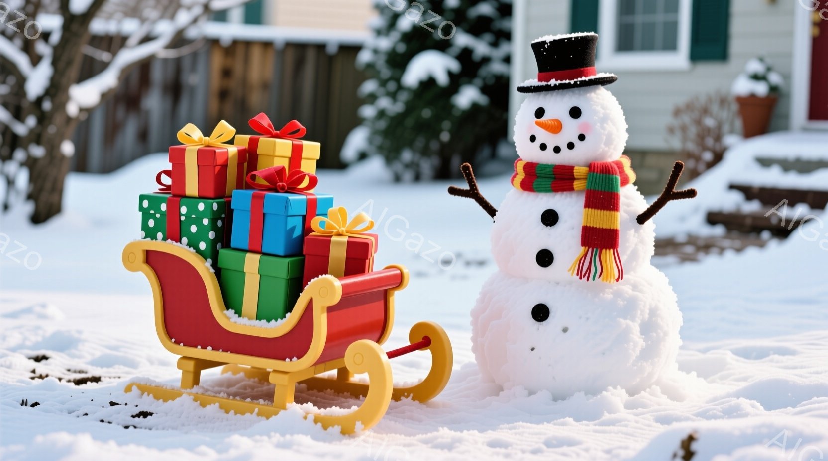 雪景色の中に、赤いそりがプレゼントの山でいっぱいになっている。隣には、黒いシルクハット、赤いマフラー、そして炭で作られた目と口を持つ雪だるまが立っており、枝で作られた腕を広げている。背景には、雪で覆われた庭と、クリーム色の壁と緑色のトリムを持つ家が見える。
