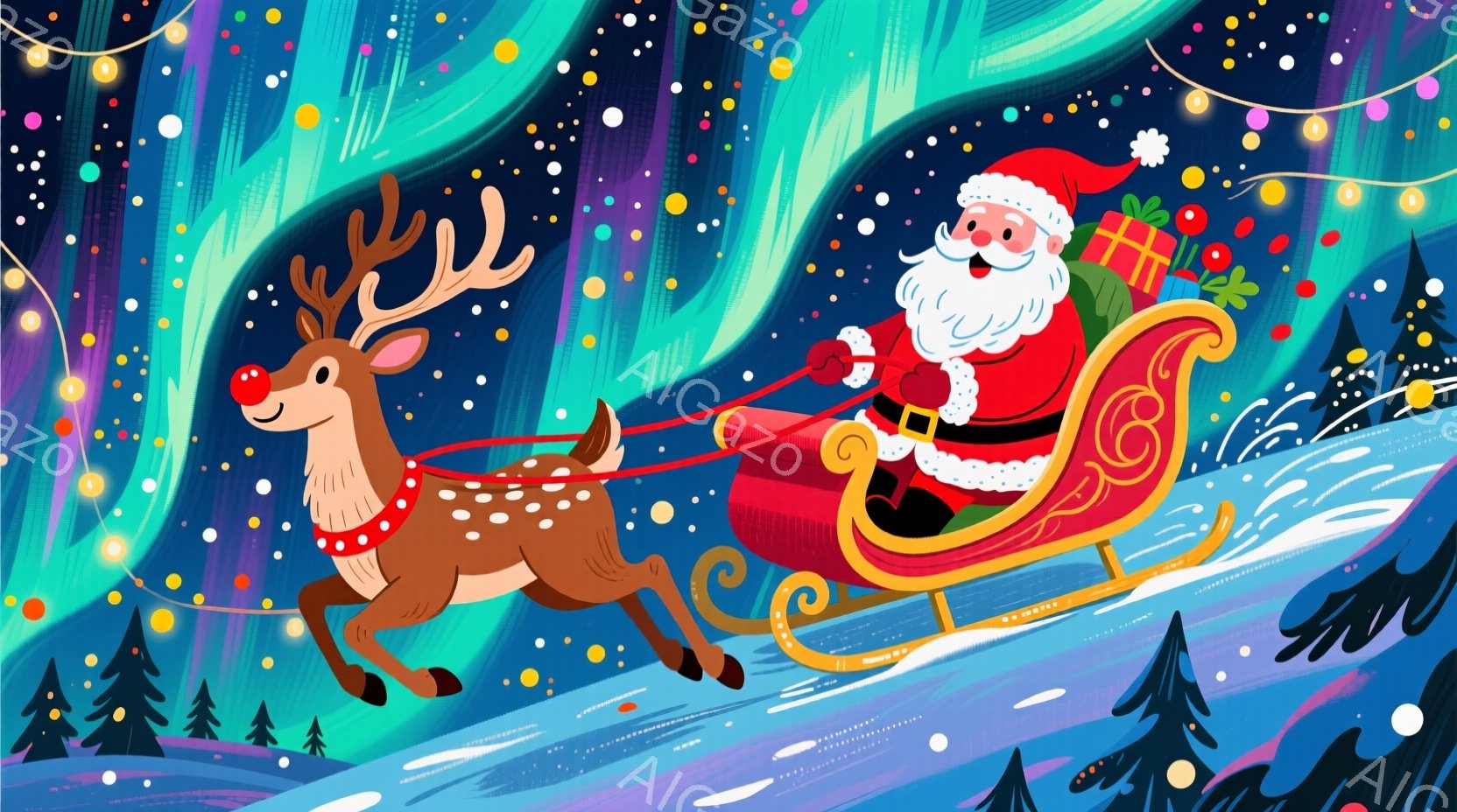 サンタクロースは、鮮やかな赤色の衣装を身につけ、白いひげを蓄え、笑顔でそりを引くトナカイを操っています。背景には、針葉樹の森とオーロラのようなカラフルな光が広がり、雪の積もった地面にはきらめく足跡が残 - AI生成フリー素材