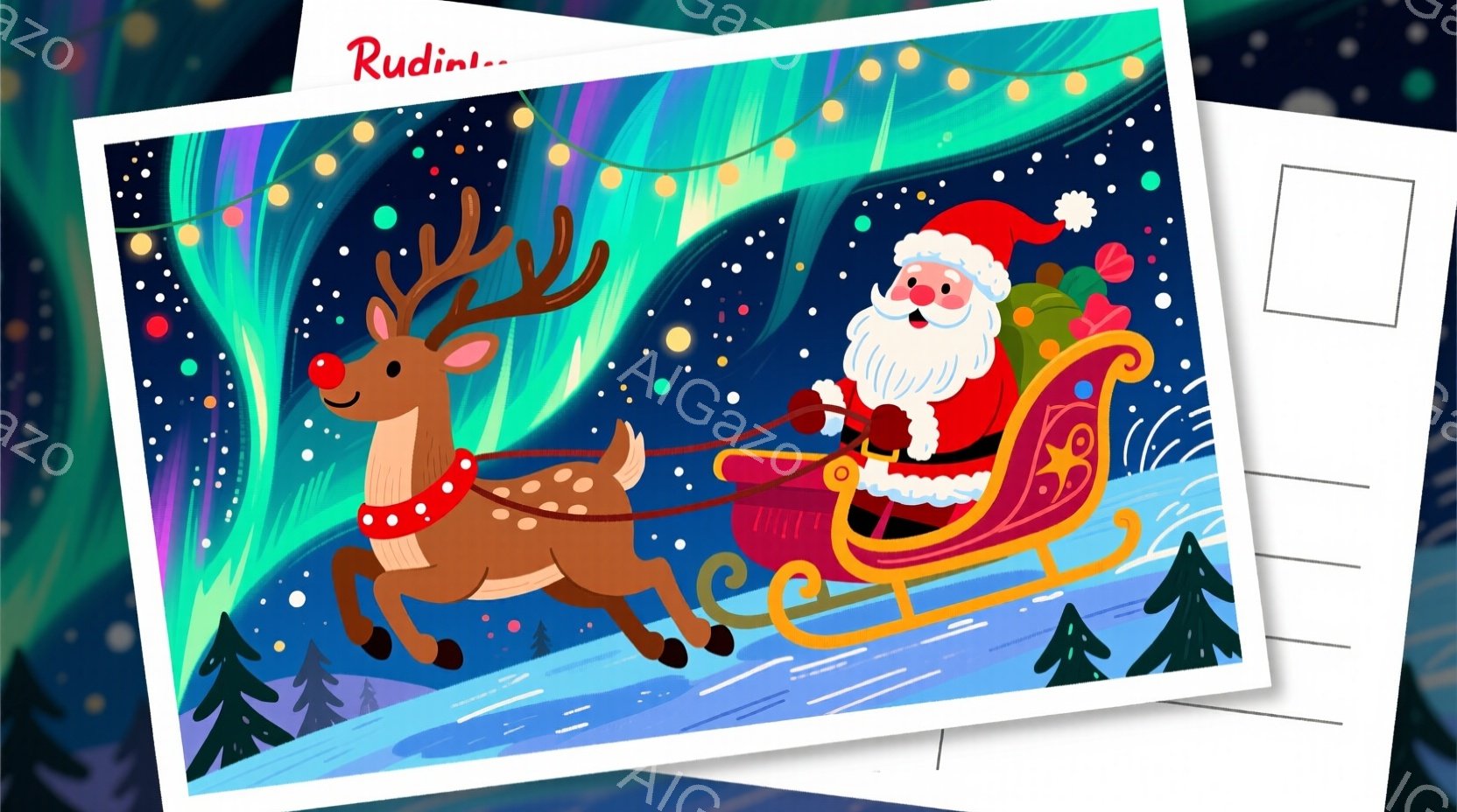 サンタクロースがそりに乗って空を飛んでいる様子が描かれています。彼は赤い服と帽子を身に着け、白いひげを生やしており、楽しそうな表情をしています。背景には、緑の針葉樹林と、オーロラのような虹色の光が広が - AI生成フリー素材