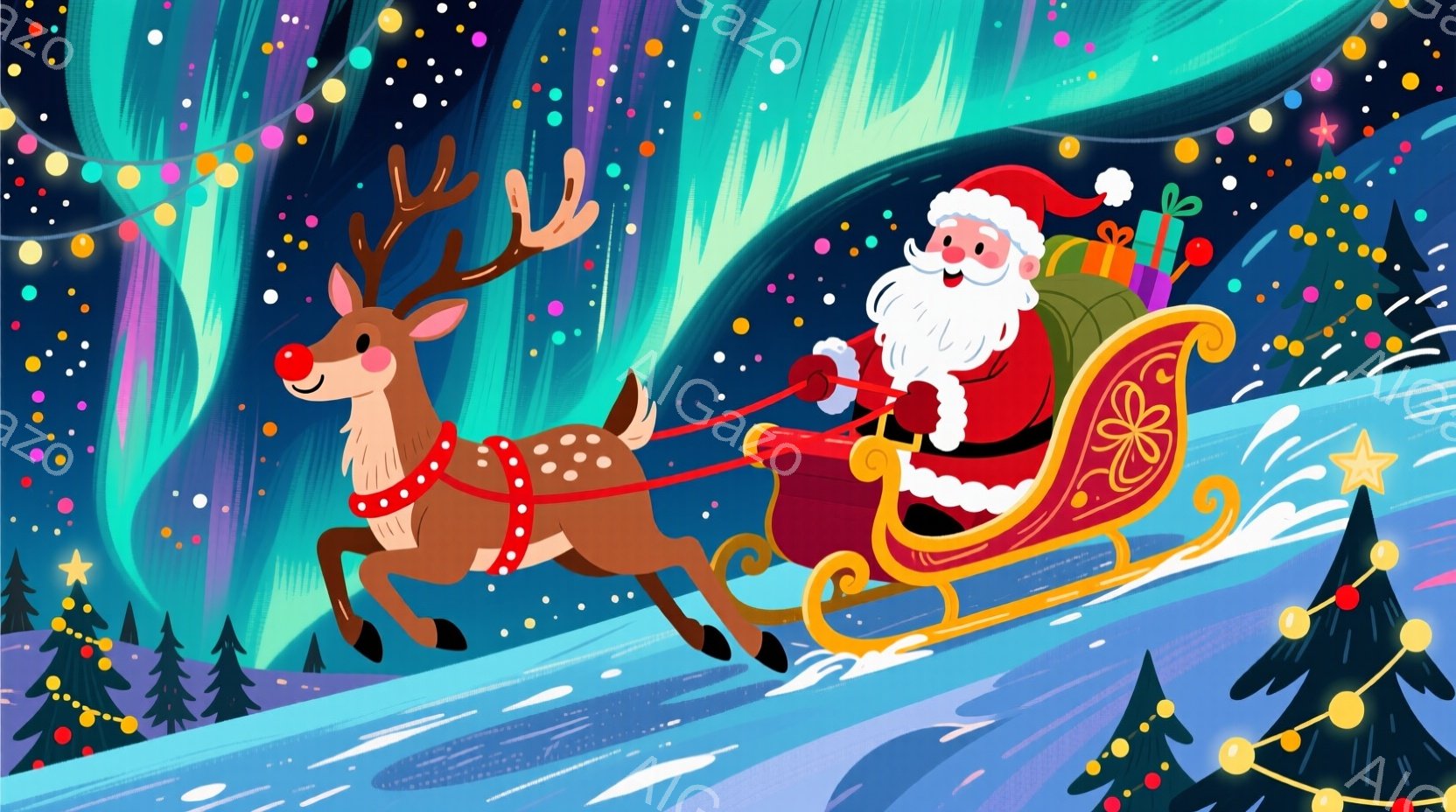 サンタクロースは、赤いスーツと白いひげを蓄えた姿で、そりに乗って空を飛んでいます。そりはきらびやかな装飾が施され、プレゼントでいっぱいであり、トナカイは力強く走っています。背景には、緑のクリスマスツリ - AI生成フリー素材