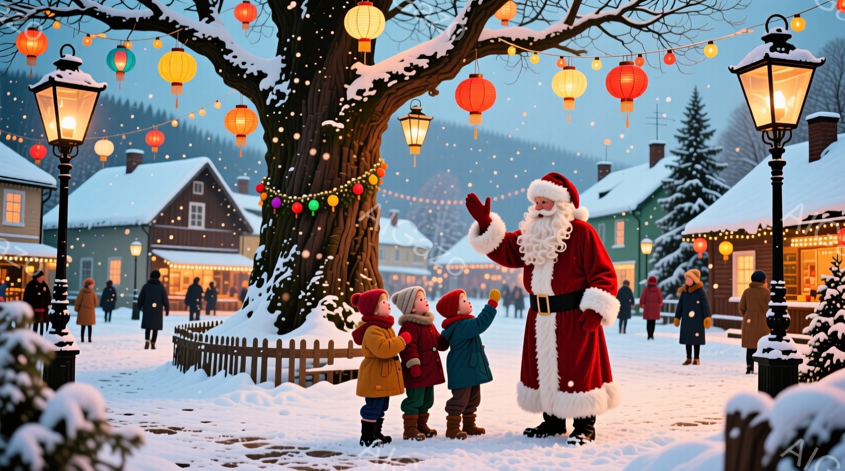雪が降り積もるクリスマスの街並みで、サンタクロースが3人の子供たちと対面している。サンタクロースは赤い衣装を身につけ、手を振って笑顔を見せ、子供たちは赤い帽子をかぶり、彼を見上げて興奮している様子だ。 - AI生成フリー素材