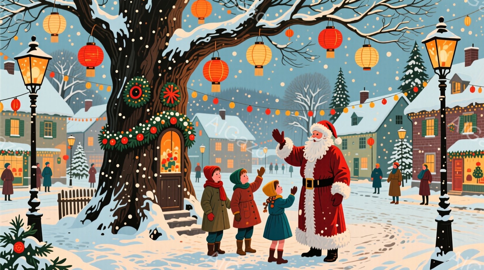 雪が舞う賑やかな街並みで、サンタクロースが数人の子供たちに手を振っています。子供たちは赤いコートを着て、サンタクロースの方を見て笑顔で手を挙げ、温かい雰囲気が漂っています。背景には、クリスマス装飾が施 - AI生成フリー素材