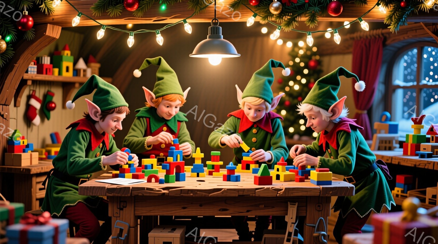 暖炉のある作業場で、エルフの子供たちがカラフルな積み木で遊んでいます。緑色の帽子とベスト、赤いシャツを着ており、いたずらっぽい笑顔で集中して積み木を積み上げています。背景にはプレゼントや木のおもちゃが - AI生成フリー素材