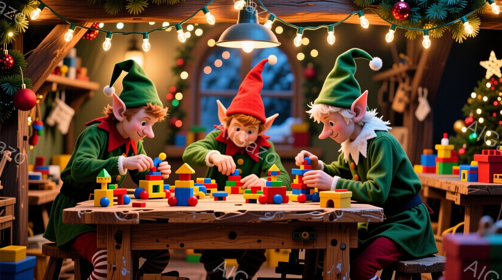 エルフの格好をした3人の人物が木製の作業台を囲んで座り、カラフルな積み木で何かを組み立てています。彼らは皆緑色の服と赤い帽子をかぶり、巻き毛の髪で、集中して作業に取り組む表情をしています。背景にはクリ - AI生成フリー素材