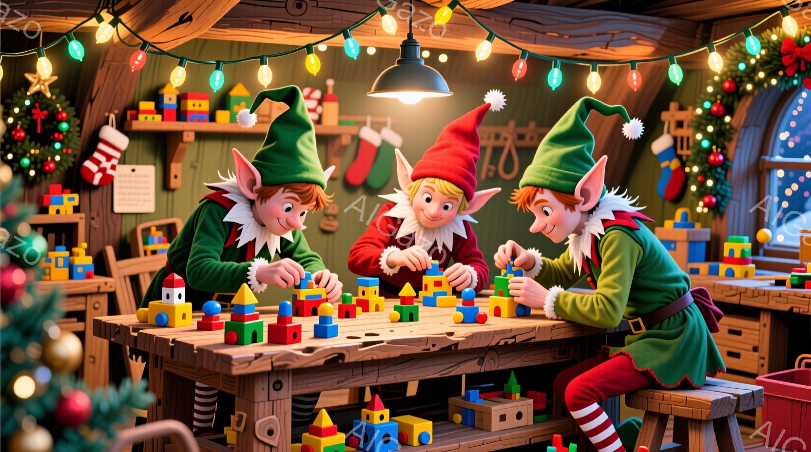 三人のエルフが、カラフルな積み木で遊んでいる様子が描かれています。緑と赤の帽子をかぶり、緑色の服を着たエルフたちは、集中した表情で積み木を積み重ねたり、並べたりしています。背景にはクリスマスツリーやプ - AI生成フリー素材