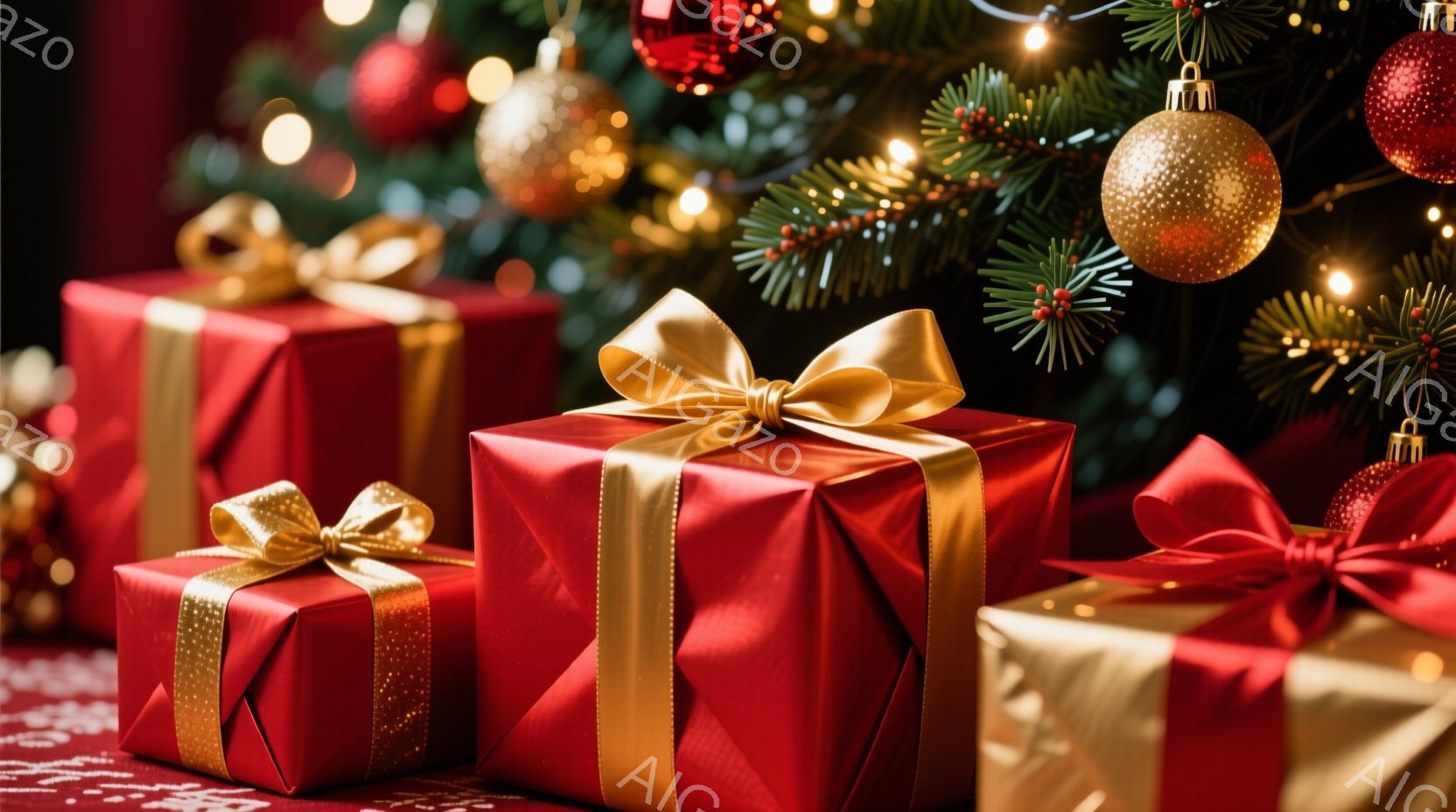 真っ赤なギフトボックスがいくつか、クリスマスツリーの背景に並べられています。ギフトボックスは金色のリボンで美しく飾られ、キラキラと光るオーナメントと共に、温かく華やかなクリスマスの雰囲気を醸し出してい - AI生成フリー素材